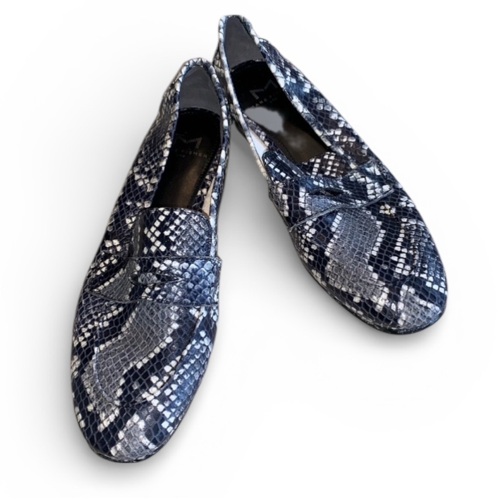 Marc Fisher loafers, Women 6M, leather, bold grey snake python print. EUC